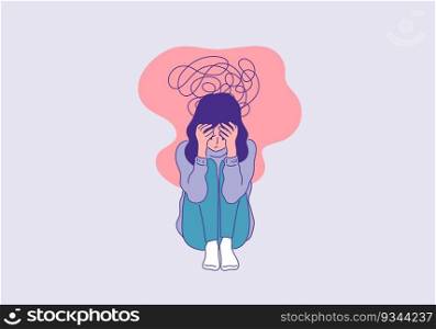 depressed woman sitting face palm pose outline colored illustration. mental health and illness conceptual