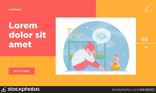 Depressed woman with newborn flat vector illustration. Sleepy tired young mom sitting near bed and baby in anxiety mood. Motherhood and parenting difficulties concept
