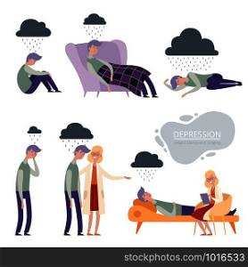 Depression. Alone unhappy frustrated vector character, lonely depressed sleep, psychologist therapy. Illustration of psychologist and man in depression. Depression. Alone unhappy frustrated vector character, lonely depressed sleep, psychologist therapy