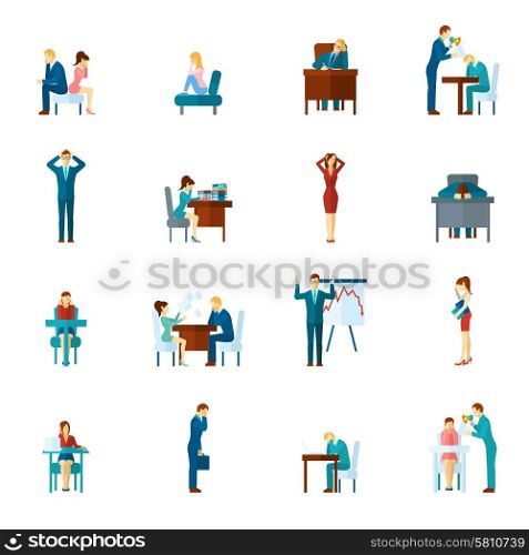 Depression and frustration at work and home flat icons set isolated vector illustration. Depression Flat Icons Set