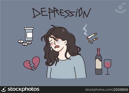Depression and health addictions concept. Young depressed woman with broken heart crying over alcohol drugs and cigarette vector illustration . Depression and health addictions concept.