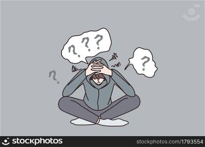 Depression and mental disorder concept. Young depressed sad frustrated teen sitting touching head having questions and problems in mind vector illustration . Depression and mental disorder concept