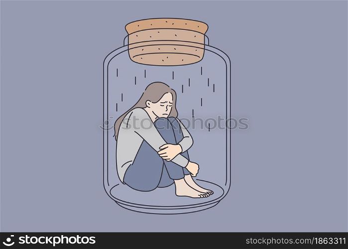 Depression and mental health concept. Young stressed sad woman sitting in glass jar embracing knees feeling bad vector illustration . Depression and mental health concept