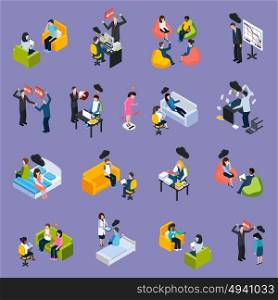 Depression And Stress Isometric Icons. Depression and stress isometric icons with different negative situations people conflicts troubles and problems isolated vector illustration