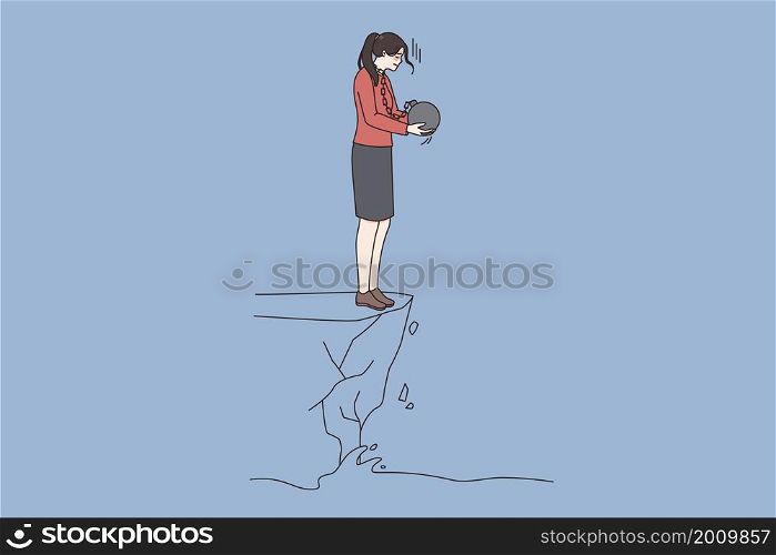 Depression and thinking of suicide concept. Young depressed woman standing on edge of abyss with heavy stone on neck and thinking of comitting suicide vector illustration . Depression and thinking of suicide concept