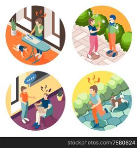 Depression anxiety 4 round isometric composition with relationship problems parenting stress street accidents panic frustration vector illustration