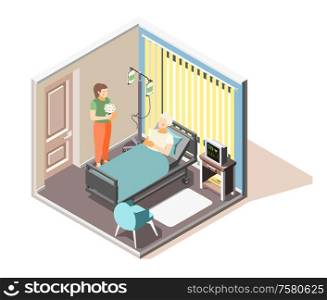 Depression anxiety acute stress disorder isometric composition with visitor bringing flowers to hospitalized patient vector illustration