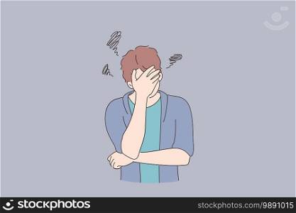 Depression, bad thoughts, stress concept. Young man cartoon character covering face with hands and feeling upset unhappy and thoughtful vector illustration . Depression, bad thoughts, stress concept
