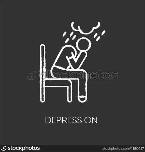 Depression chalk icon. Sad and worried man. Low mood. Crying person. Chronic exhaustion, fatigue. Frustration and stress. Emotional pressure. Mental disorder. Isolated vector chalkboard illustration