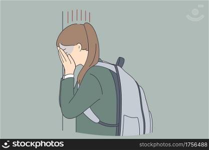 Depression, child bullying at school concept. Sad unhappy depressed young schoolgirl covering her face and crying against wall at school feeling lonely abused vector illustration . Depression, child bullying at school concept
