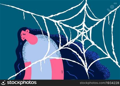 Depression, despair and mental crisis concept. Young sad stressed unhappy woman cartoon character standing with head down near huge net vector illustration . Depression, despair and mental crisis concept