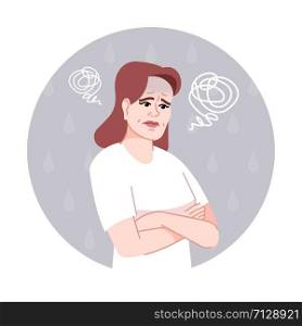 Depression flat concept icon. Stressed woman thinking about problems sticker, clipart. Sad, unhappy woman feeling hopelessness. Medical illness isolated cartoon illustration on white background