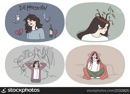 Depression grief and bad thoughts concept. Set of young women addicted to drugs and alcohol having bad thoughts crying feeling unhappy and sad in depression vector illustration. Depression grief and bad thoughts concept.