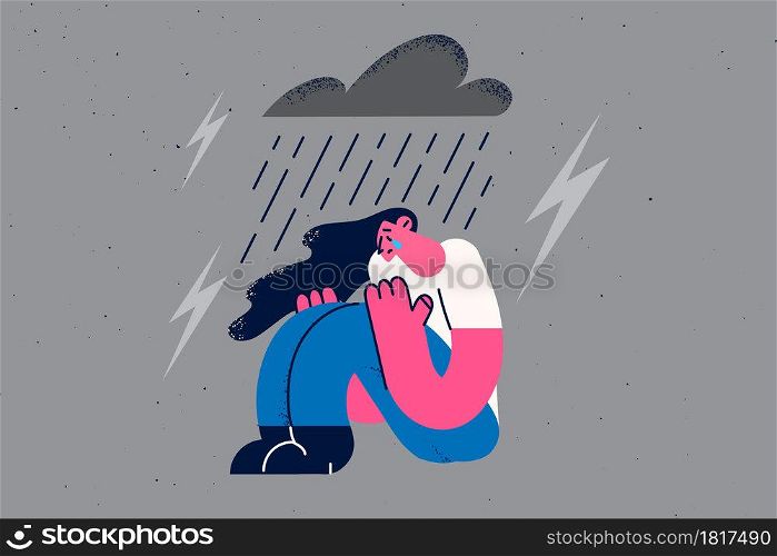 Depression, grief and loneliness concept. Young sad depressed woman sitting on ground crying with rain and storm with thunder above vector illustration . Depression, grief and loneliness concept