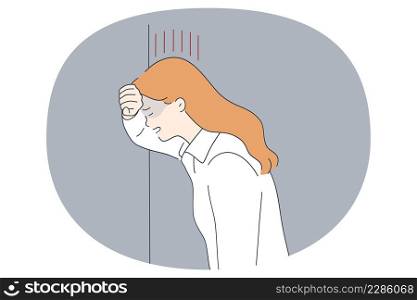 Depression grief and unhappiness concept. Young sad unhappy woman standing crying pushing face to wall feeling depressed vector illustration . Depression grief and unhappiness concept.