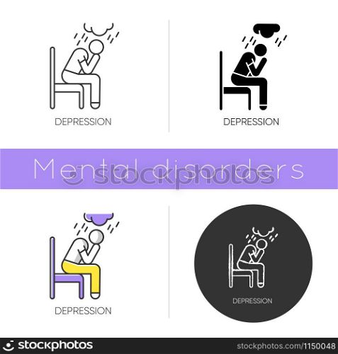 Depression icon. Crying person. Chronic exhaustion and fatigue. Frustration and stress. Emotional pressure. Mental disorder. Flat design, linear and color styles. Isolated vector illustrations