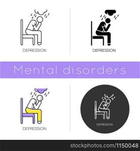 Depression icon. Crying person. Chronic exhaustion and fatigue. Frustration and stress. Emotional pressure. Mental disorder. Flat design, linear and color styles. Isolated vector illustrations