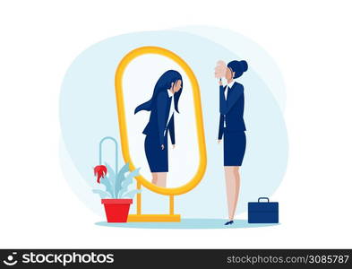 Depression Mask.business woman standing with mirror and seeing themselves as shadow behind. depression and melancholy concept of self confidence at work, vector illustration.