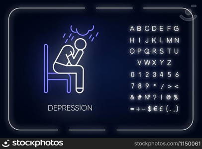 Depression neon light icon. Sad and worried man. Crying person. Chronic exhaustion and fatigue. Mental disorder. Glowing sign with alphabet, numbers and symbols. Vector isolated illustration