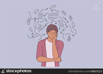 Depression, problems, tiredness with thoughts concept. Young sad unhappy african american man standing over thinking looking tired and bored with depression problems vector illustration . Depression, problems, tiredness with thoughts concept