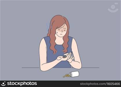 Depression, stress, grief concept. Young upset woman cartoon character sitting with pills and medical drugs and suffering from fatal disease vector illustration . Depression, stress, grief concept