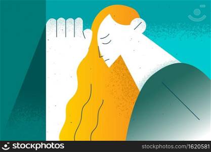 Depression, stress, negative emotions concept. Portrait of stressed sad young woman standing outdoors with eyes closed feeling grief or frustration in city vector illustration . Depression, stress, negative emotions concept