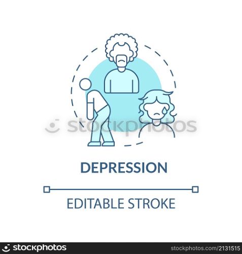 Depression turquoise concept icon. Stage of divorce acception abstract idea thin line illustration. Isolated outline drawing. Editable stroke. Roboto-Medium, Myriad Pro-Bold fonts used. Depression turquoise concept icon