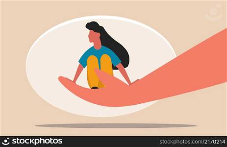 Depression woman and health care with loneliness problems. Psychological therapist treatment vector illustration concept. Hand holding girl with sorrow and mental trouble. People protect stress