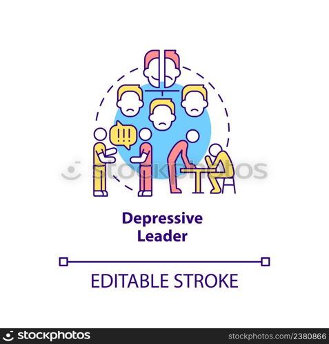 Depressive leader concept icon. Self doubting boss. Type of toxic leader abstract idea thin line illustration. Isolated outline drawing. Editable stroke. Arial, Myriad Pro-Bold fonts used. Depressive leader concept icon