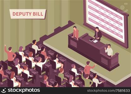 Deputy introducing bill in front of audience 3d isometric vector illustration