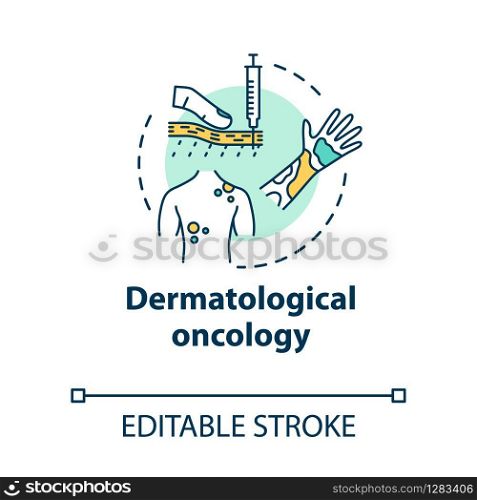 Dermatological oncology concept icon. Skin cancer awareness disease. Dermatitis, urticaria. Human health care idea thin line illustration. Vector isolated outline RGB color drawing. Editable stroke