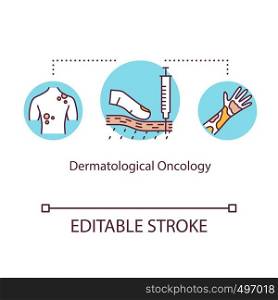 Dermatological oncology concept icon. Skin cancer treatment idea thin line illustration. Melanoma. Medical examination. Tumor research. Vector isolated outline RGB color drawing. Editable stroke