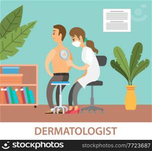 Dermatologist female character examining a spot from a male patient with magnifying glass in clinic. Medical procedure dermatoscopy. A dermatologist looking at a patients skin, therapist, oncologist. Dermatologist female character examining a spot from a male patient with magnifying glass in clinic