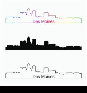 Des Moines skyline linear style with rainbow in editable vector file