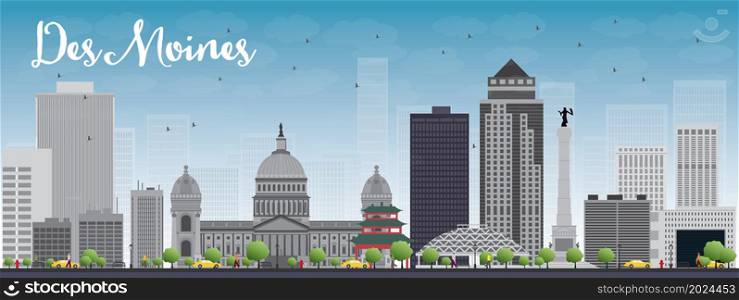 Des Moines Skyline with Grey Buildings and Blue Sky. Vector Illustration