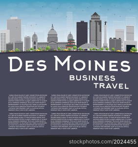 Des Moines Skyline with Grey Buildings, Blue Sky and copy space. Business travel concept. Vector Illustration