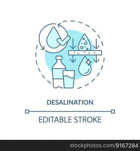 Desalination turquoise concept icon. Removal of salts. Fresh water supply source abstract idea thin line illustration. Isolated outline drawing. Editable stroke. Arial, Myriad Pro-Bold fonts used. Desalination turquoise concept icon