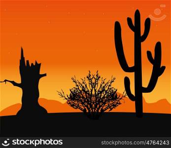 Desert and cactus. Landscape to deserts with cactus and dry tree