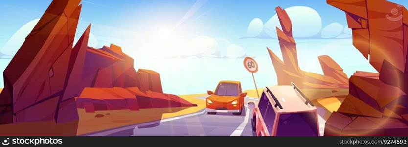 Desert car road traffic in canyon cartoon illustration. Vector highway in rocky hot landscape. Tourism drive asphalt way on automobile adventure in stone valley with sunshine beams in blue sky.. Night car road traffic in canyon illustration