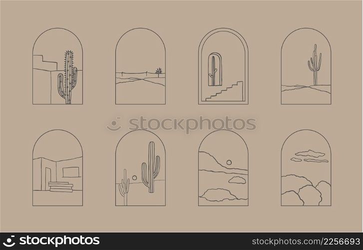 desert collection with cactus,arch,window.Vector illustration for icon,sticker,printable and tattoo