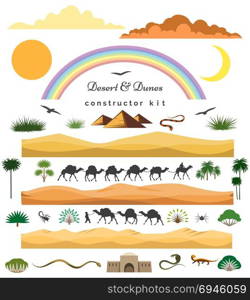 Desert game scenery constructor set. Desert game set. Vector cartoon desert scenery constructor kit with dunes and mountains, camels and cacti for games landscape