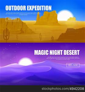Desert Horizontal Banners. Horizontal banners of desert with canyon rocks and cactus and beautiful magic night in dune vector illustration