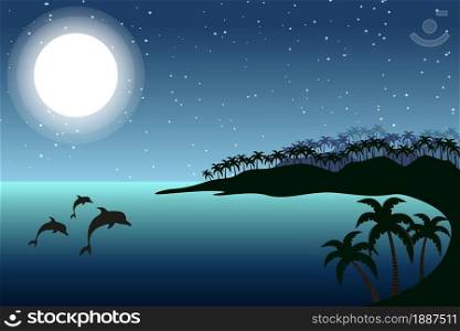 Desert island and dolphins in the moon light. Sea horizon vector illustration.