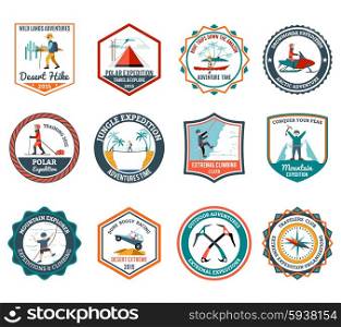 Desert jungle and mountain expedition emblems set isolated vector illustration. Expedition Emblems Set