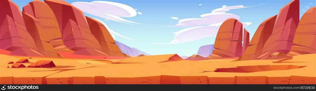 Desert landscape, Arizona or Africa nature with dry ground cross section view and mountains. Cartoon panoramic background, game location with rocks under blue sky with clouds, Vector illustration. Desert landscape, Arizona or Africa nature scene
