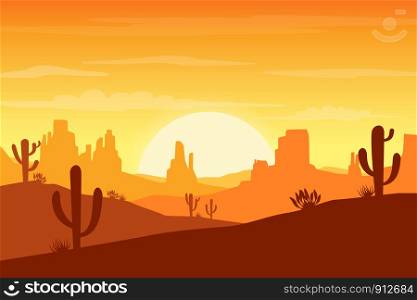 Desert landscape at sunset with cactus and hills silhouettes background - Vector illustration