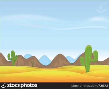 Desert Landscape Background. Illustration of a cartoon desert landscape with cactus, sand dunes, curved mountains range over a blue sky
