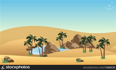Desert landscape background with oasis. Sand dunes, lake and palms in oasis, rocks. Cartoon or adventure game asset background. Vector illustration