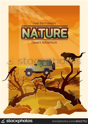 Desert landscape backround with dry plants and car on background vector illustration. Desert Landscape Backround