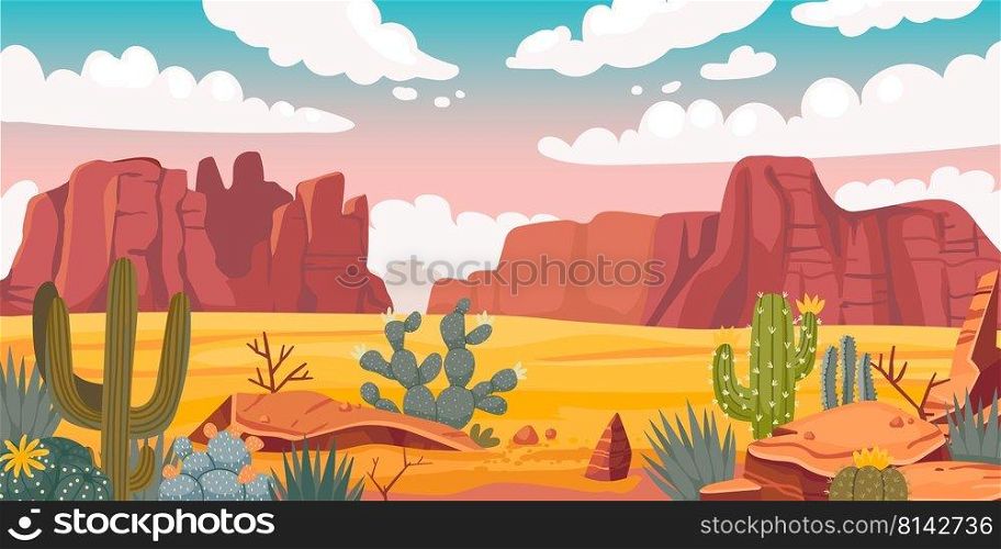 Desert landscape. Cartoon sand horizon with rocks, cactus and sandy valley. Vector wild desolated background. Nature with solid cliffs, dry land and plants, outdoor environment, hot climate. Desert landscape. Cartoon sand horizon with rocks, cactus and sandy valley. Vector wild desolated background